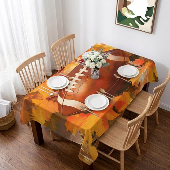 Fall Football Table Cloth Waterproof Tablecloths, Thanksgiving Maple Leaf Orange Yellow Tablecloth Dining Table Cover for Kitchen Party Tabletop Outdoor, Rectangle Tablecloth 52x70 Inch