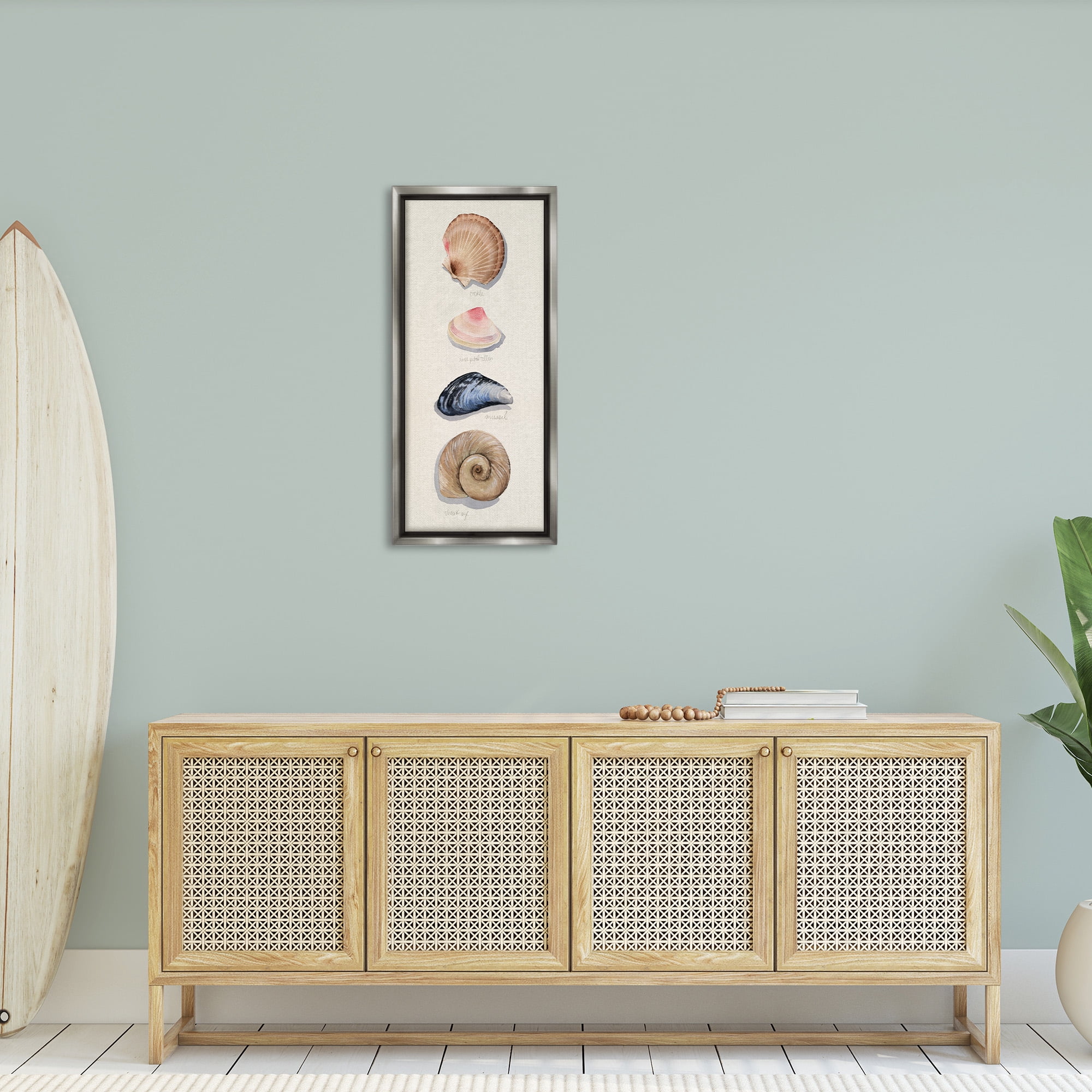 Stupell Industries Traditional Nautical Sea Shells Nature Painting Gray Floater Framed Canvas Art Print Wall Art, 15 x 31