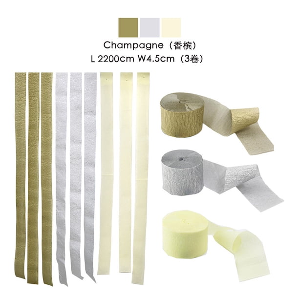 Xiao Hua Serpentinas de papel crepé (3 rollos), paquete de papel crepé dorado, plateado y champán para decoración de cumpleaños y baby shower (4,5 cm x 22,8 m/rollo)