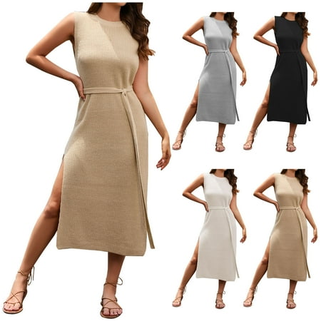 Lovskoo Sleeveless Sweater Dress for Women Mock Neck Knit Side Split Tank Maxi Sweater Dress Khaki