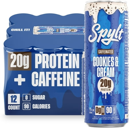 SPYLT High Protein Milk, 60 mg Caffeine, 20g Protein, Sugar and Lactose Free, Cookies and Cream, 11 oz, 12 Count