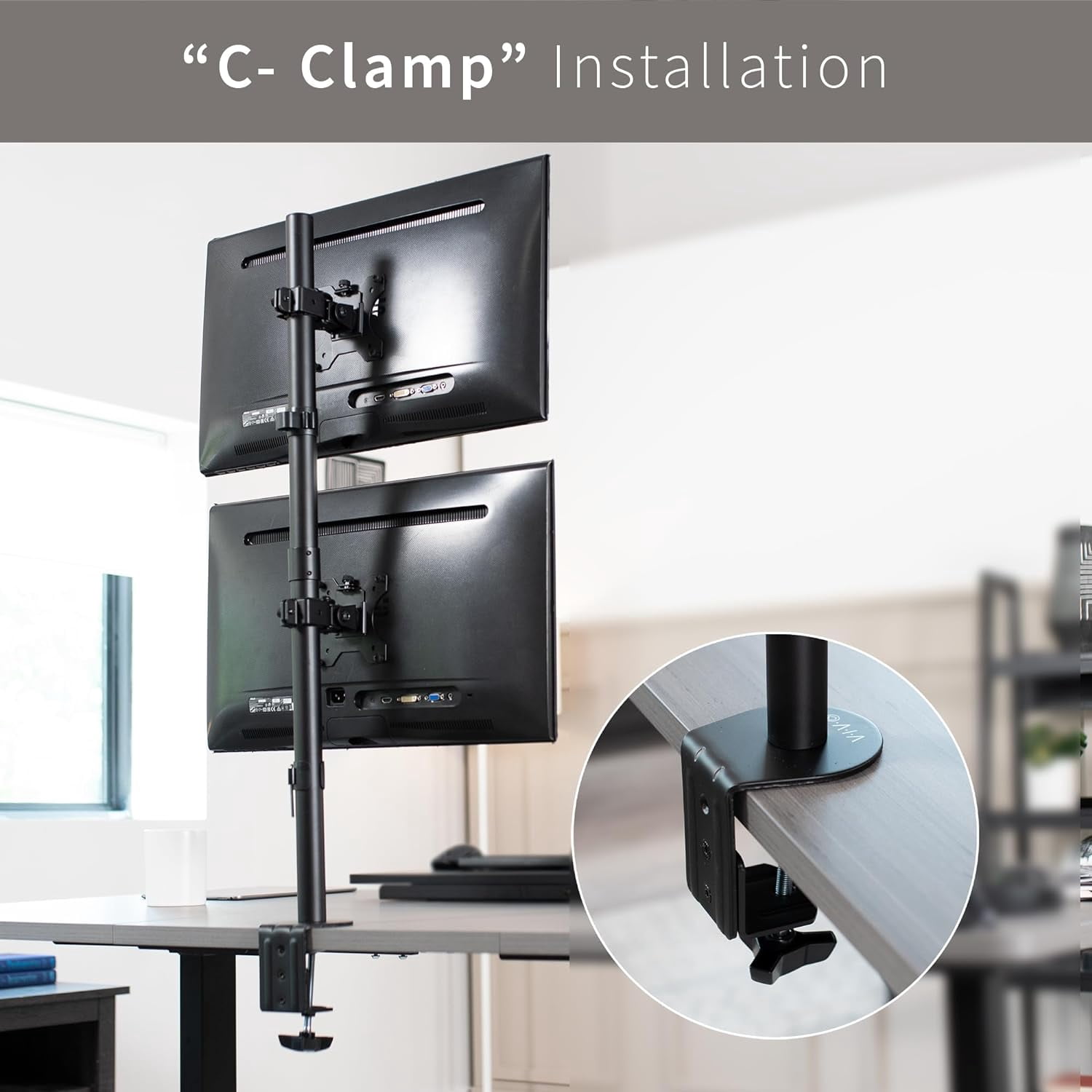 Dual Vertically Stacked Monitor Desk Mount,  Tall Adjustable Stand for 2 Ultrawides  to 34 inches, 22 lbs Capacity, Black, STAND-V002T