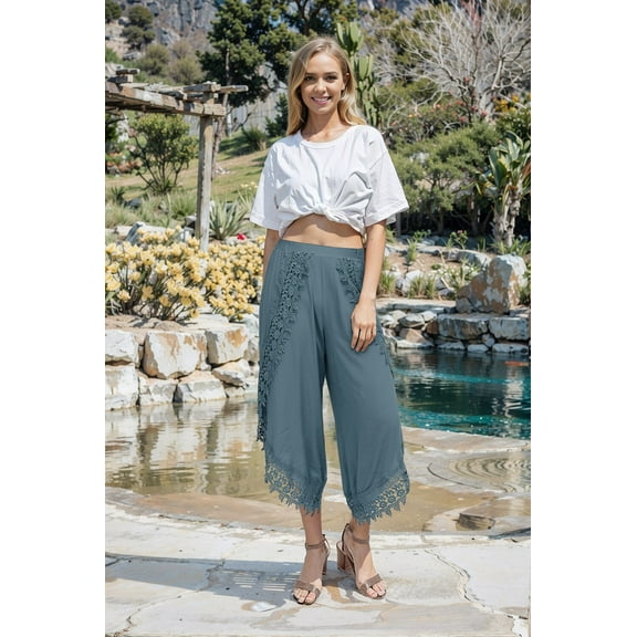STARVNC Women High Waist Boho Lace Stitching Solid Color Pants