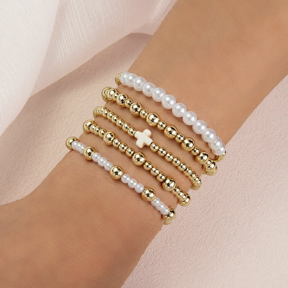 Gold Beaded Bracelet Set for Women - Adjustable Pearl & Beaded Ball Bracelets - Stackable 5-Piece Jewelry Collection