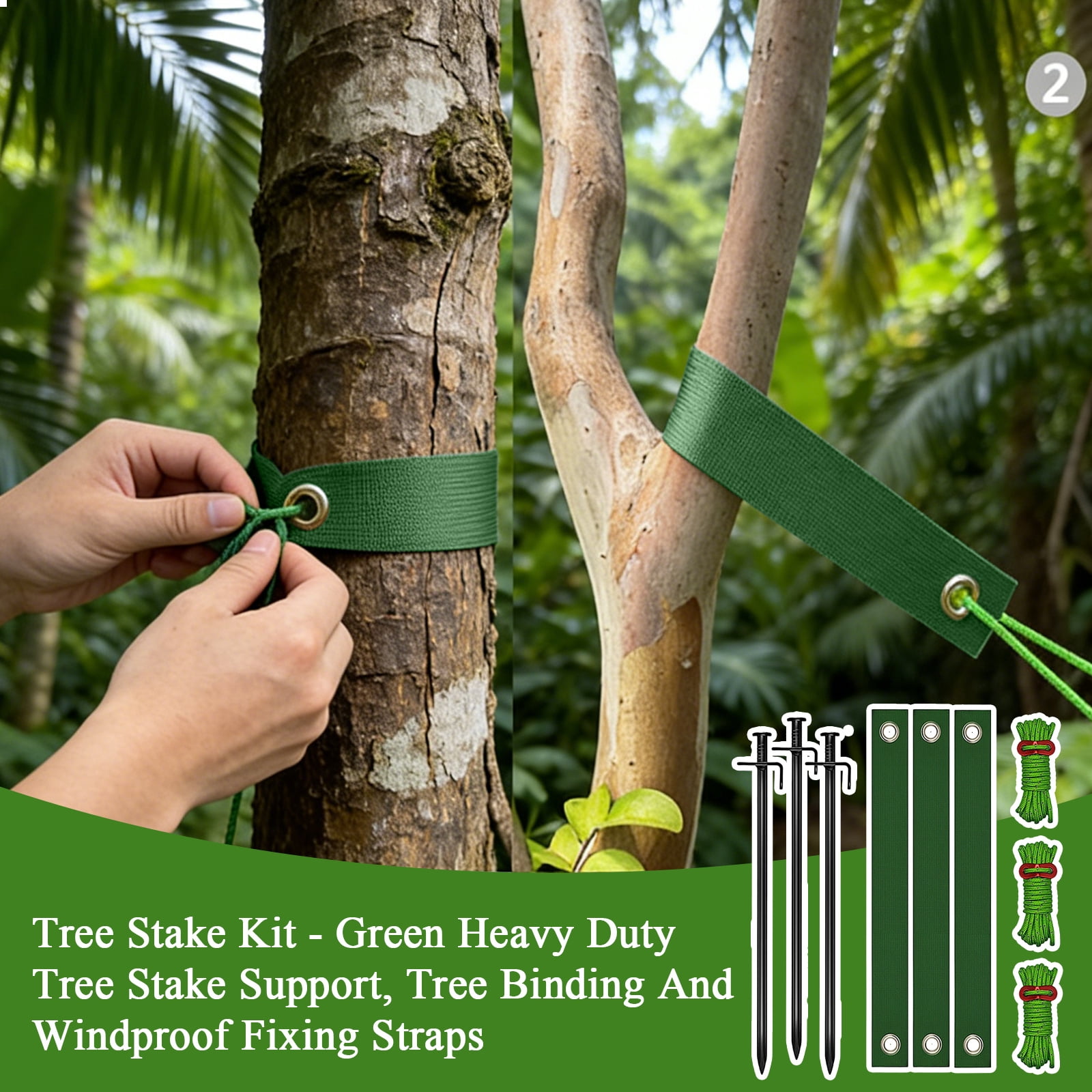 Tree Stake Kit Heavy Duty Support Straps, Tree Stabilizer Binding Tie Down Kit with Windproof Fixing Straps, Garden Tree Anchor Support System for Outdoor Yard Planting, Green