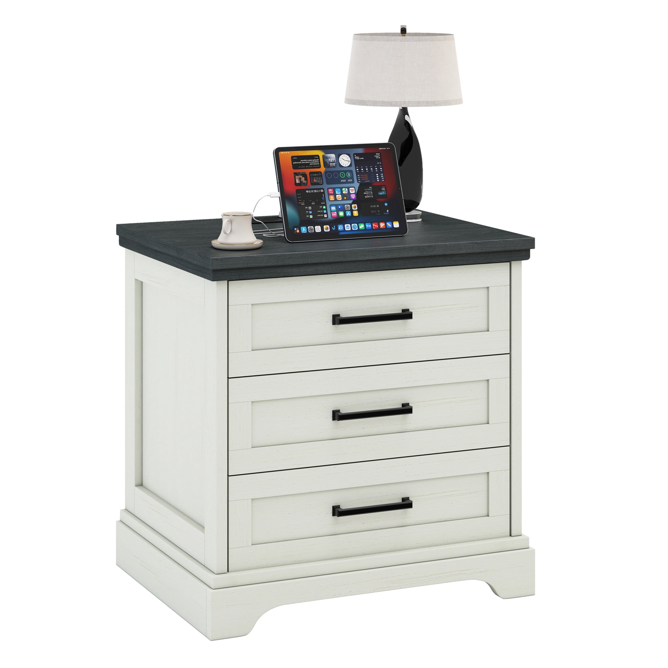 EDX 3 Drawers 24" Wood Nightstand with Drawers and Charging Station, Bedside Table for Bedroom or Living Room, White