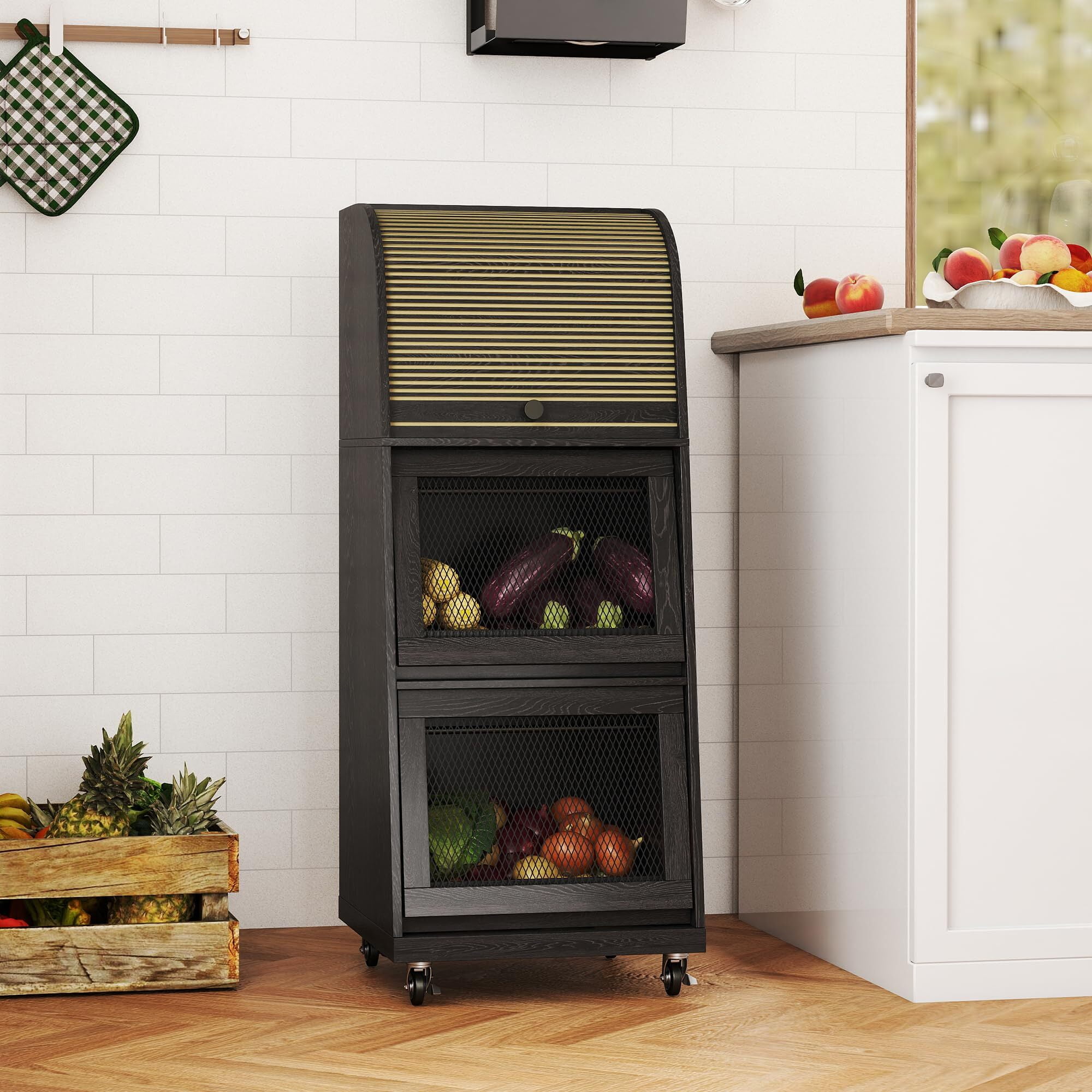 Movable Potato & Onion Storage Bin, Mid Century Modern Wood Pantry Cabinet with Sliding Door, Wheels & Bread Storage, Black