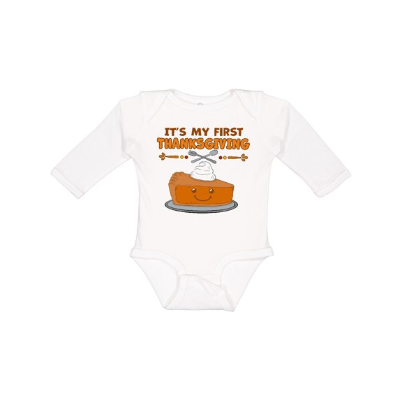 Inktastic It's My 1st Thanksgiving with Cute Smiling Pumpkin Pie Boys or Girls Long Sleeve Baby Bodysuit