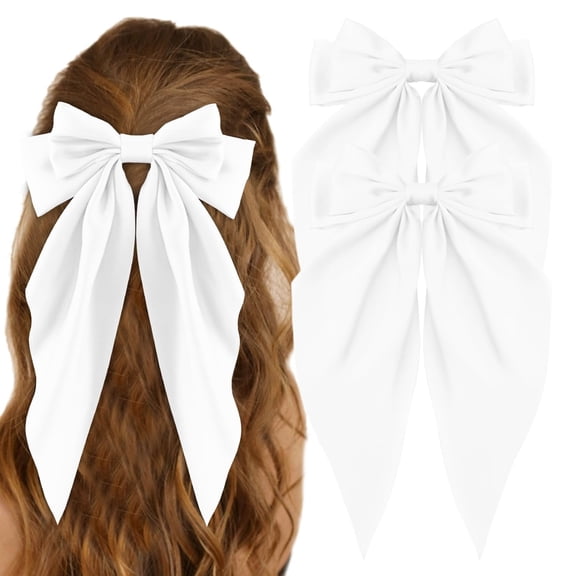1 Pack Silky Satin Hair Bows,Big Hair Bows for Women Hair Ribbons Oversized Long Tail Hair Bow Black Hair Bow Large Hair Ribbon Barrettes Metal Clips Bowknot Aesthetic Hair Accessories,White