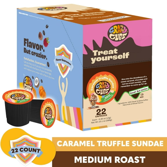 Crazy Cups Decaf Caramel Truffle Sundae Coffee Pods, Medium Roast, 22 Count for Keurig K Cup Machines