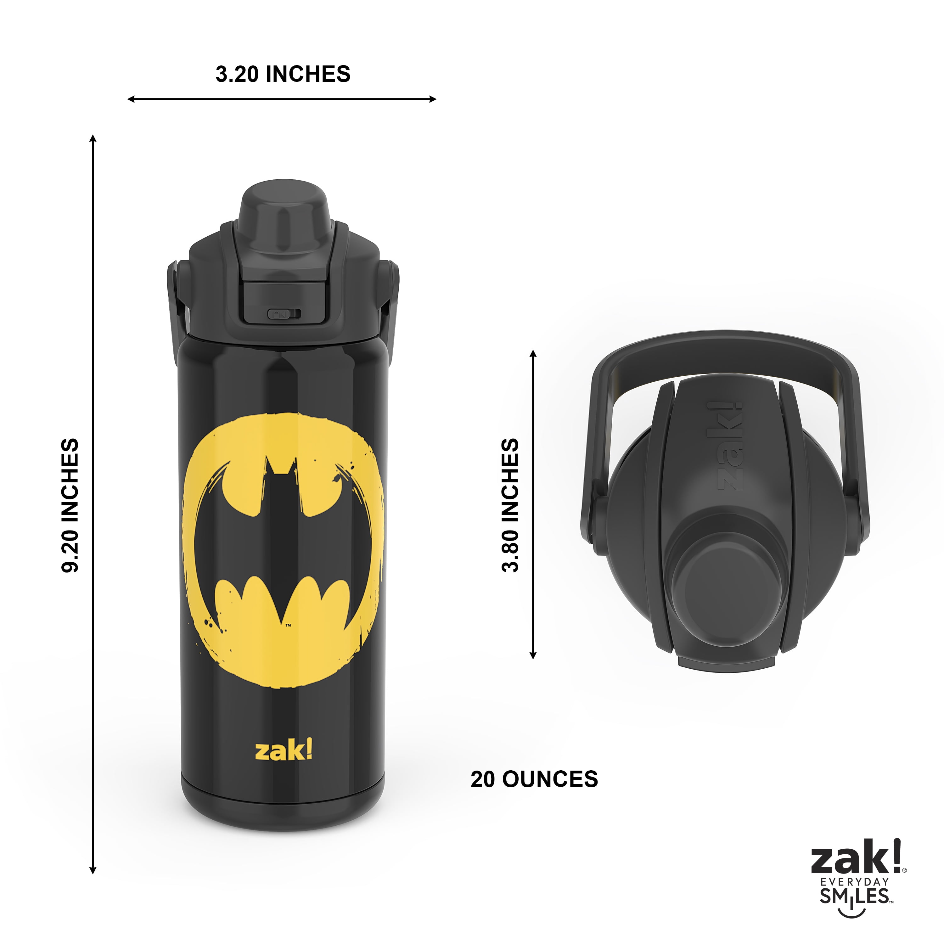 Zak Designs 20oz Kids Straw Water Bottle, Stainless Steel Vacuum Insulated Liberty Bottle with Easy-Open Locking Spout Cover for Travel, Built in Carry Handle, Batman