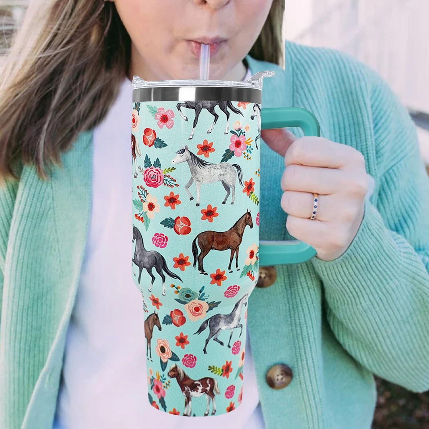 40oz Horse Tumbler with Handle - Insulated Travel Mug, Water Bottle with Equestrian Design - Gift for Women