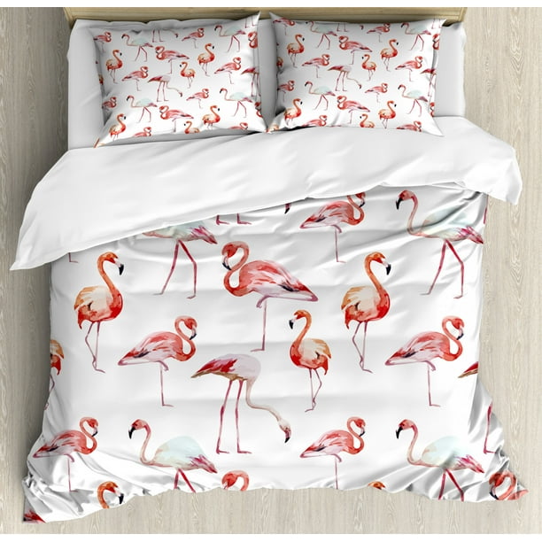 Flamingo Duvet Cover Set Exotic Birds Pattern With Hand Drawn Elements Hawaiian Fauna Design Decorative Bedding Set With Pillow Shams Pale Pink Coral And White By Ambesonne Walmart Com Walmart Com