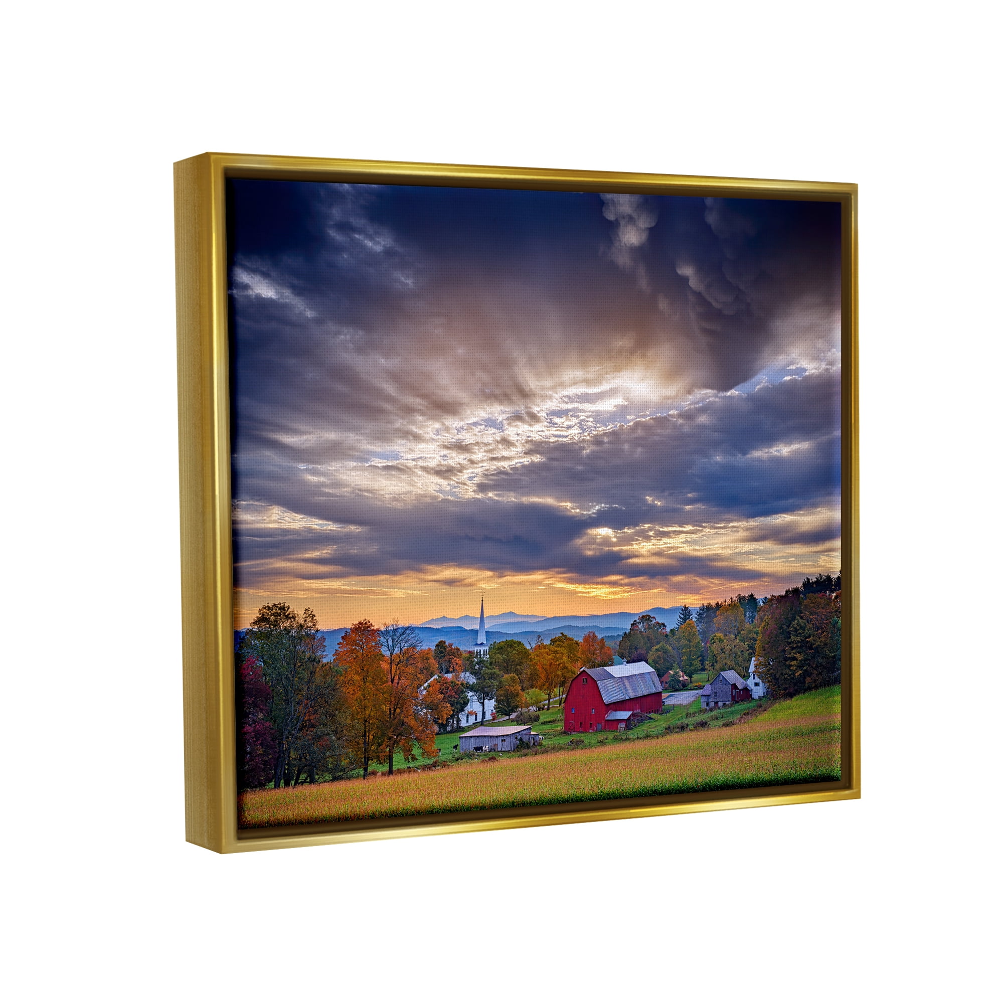 Stupell Rural Farm Pasture Sun Rays Landscape Photography Gold Floater Framed Art Print Wall Art