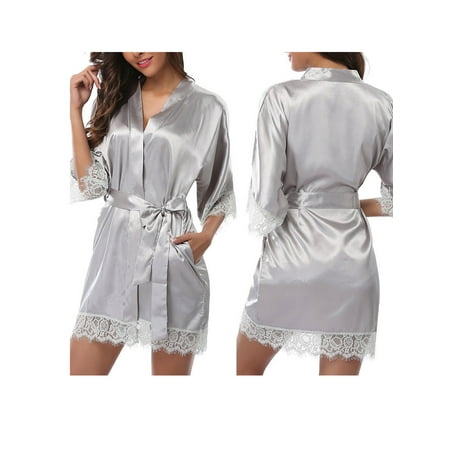 

Women s Night Robes Medium Sleeve Lace Smooth Robes Bridesmaid Bridal Party Satin Robes Summer Sleepwear with Removable Waist Belt