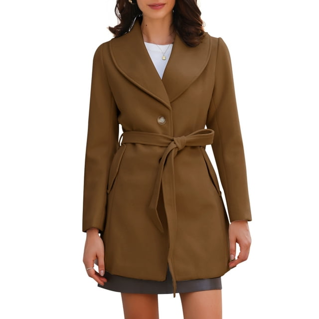 INSPIRE CHIC Manteau Caban Long à Simple Boutonnage pour Femme, Mignon, Col Rabattu, Ceinturé, Brun, TG