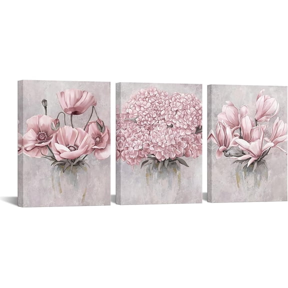 Flower Wall Art Bedroom Wall Decor Floral Decor Art Print Bathroom Living Dining Room Kitchen Decor Pictures, Framed 12inx16inx3Pieces (Pink)