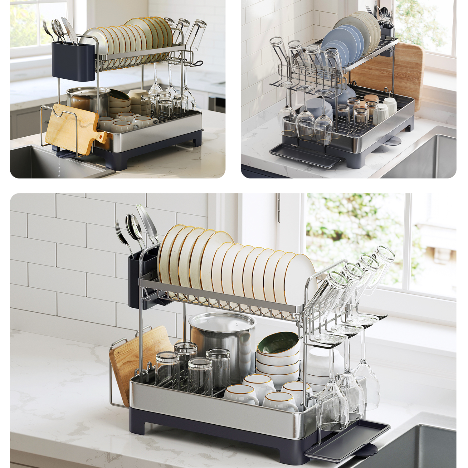 LEDREM 2-Tier Stainless Steel Dish Rack - Space Saving Design with Rotating Spout, Complete Drying System, Utensil & Glass Holders, Silver and Gray