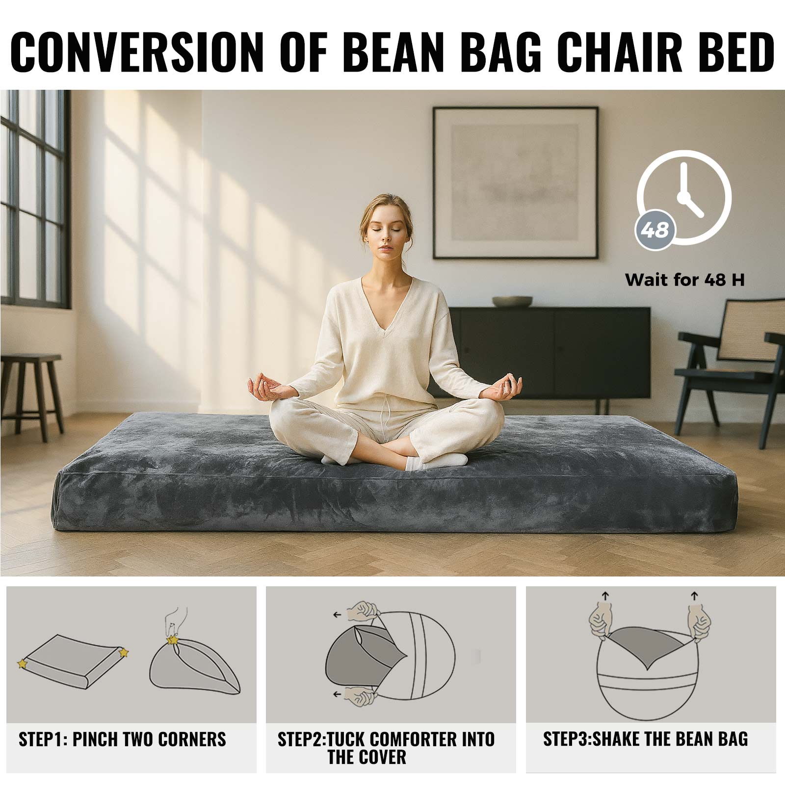 Bean Bag Chair,Convertible Bean Bag Chair Bed Giant Bean Bag Chairs for Adults Memory Foam Bean Bag Bed for Adults Bean Bags Chair that Turns into Bed