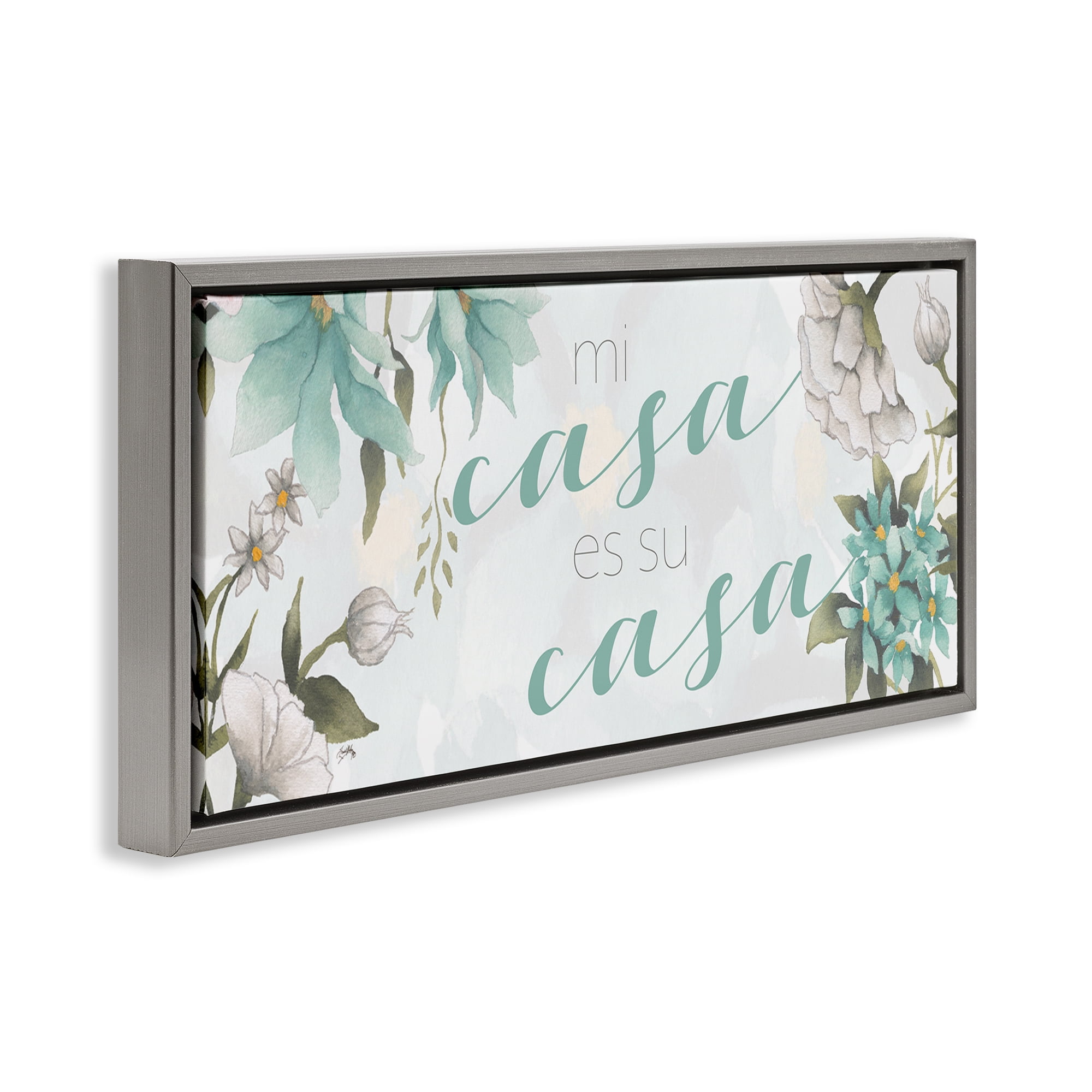 Stupell Industries Mi Casa Su Casa Flores Inspirational Quotes & Sayings Painting Gray Floater Framed Art Print Wall Art, 31 x 14