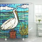 CYNLON Green Florida White Pelican Blue Water Tropical Room Lanai Bathroom Decor Bath Shower Curtain 60x72 inch