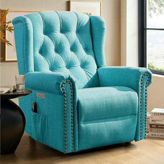 OUINCH Power Swivel Rocking Glider Recliner Chair, Electric Nursery Reclining Sofa Chair with Heat and Massage, Wingback Tufted Upholstered Recliner for Living Room, USB and Type-C Ports, Teal