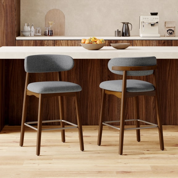 Solid Wood Bar Stools Set of 2, 26.5" Seat Height, Linen-Blend Upholstered Back, Brass Footrest, Mid-Century Modern for Kitchen Island