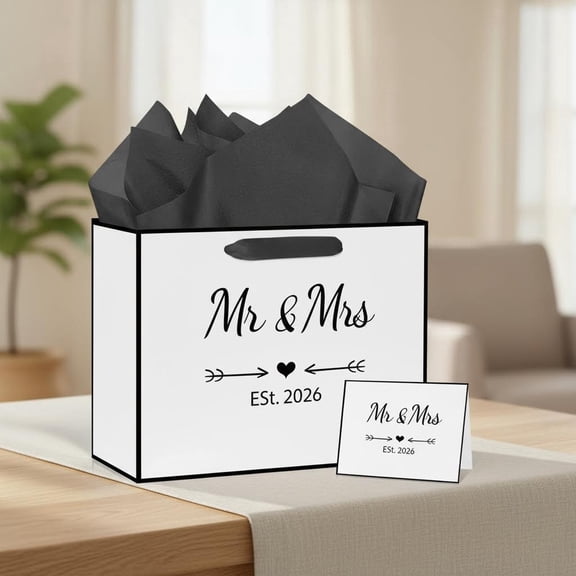 Wedding Gifts Bag Bridal Shower Gift Bags White Black Engagement Mr & Mrs Gifts Bag with Tissue Paper Card Wedding Gift Wrapping Paper Bag Anniversary Bag for Couple