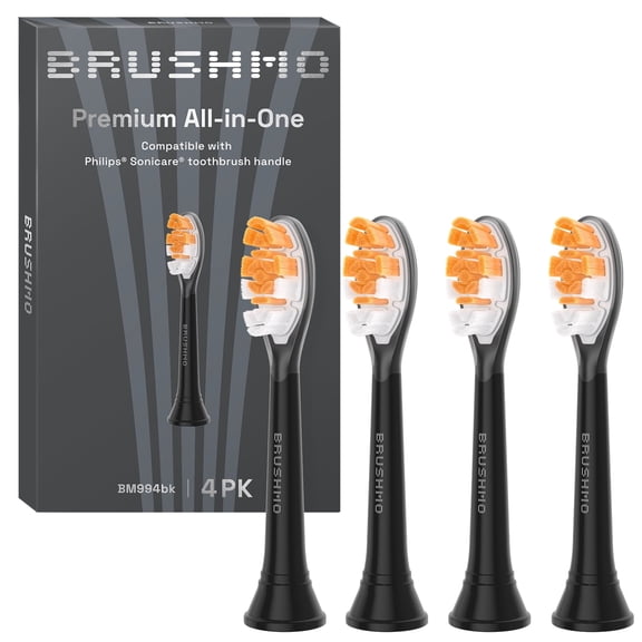 Brushmo All-in-One Replacement Toothbrush Heads, Compatible with Philips Sonicare Click-on Electric Toothbrush Handles, Soft, 4-Pack, BM994, Black