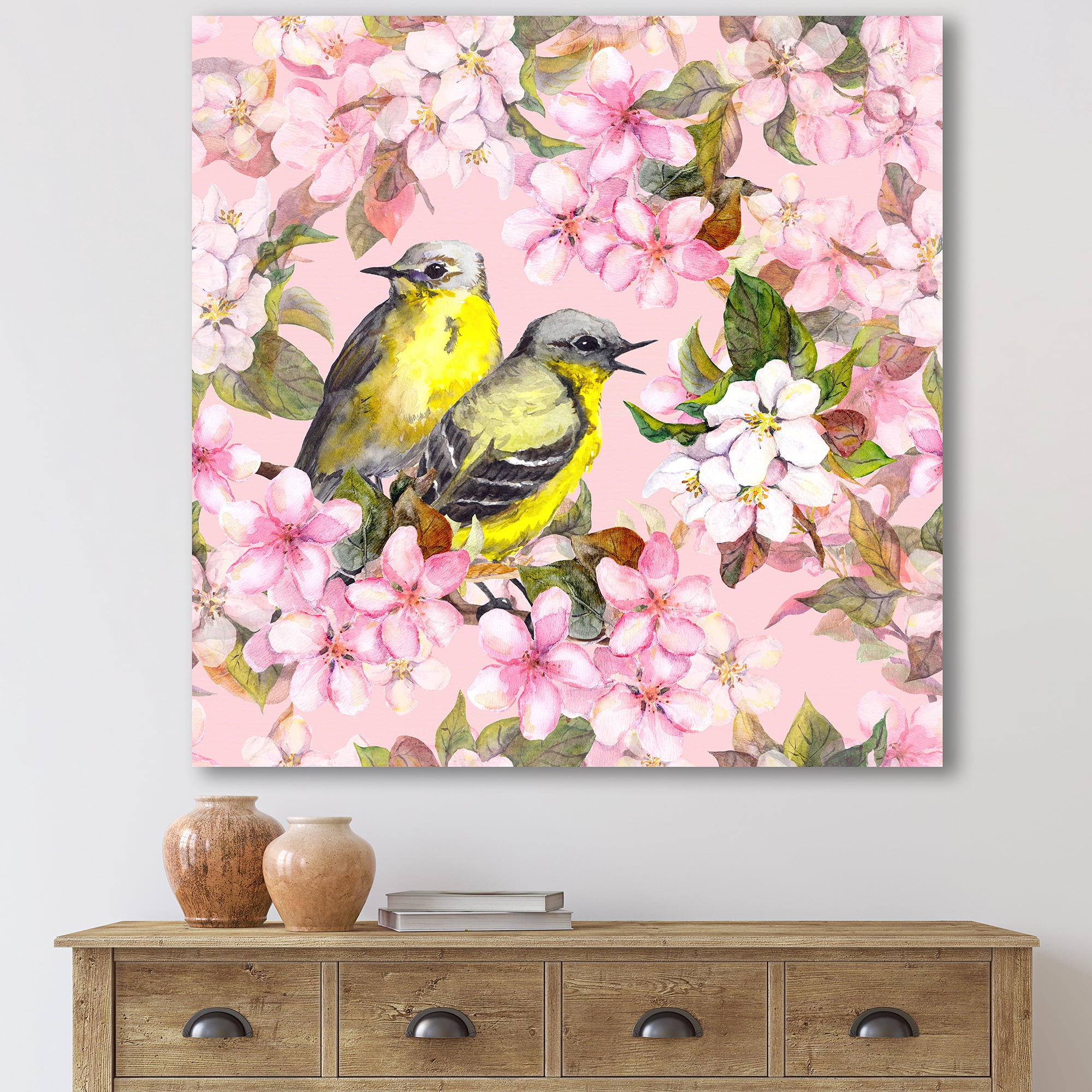Designart ' Birds On Pink Cherry Sakura and Apple Flowers I ' Traditional Canvas Wall Art Print