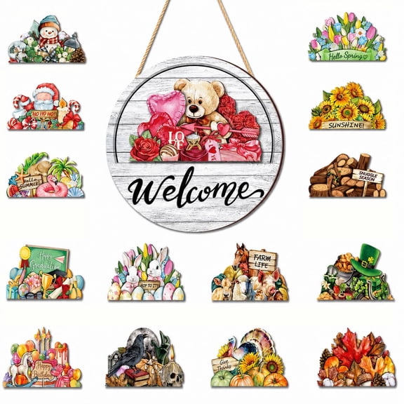 16PCS Interchangeable Welcome Sign for Front Door, Slot-In Seasonal Decor
