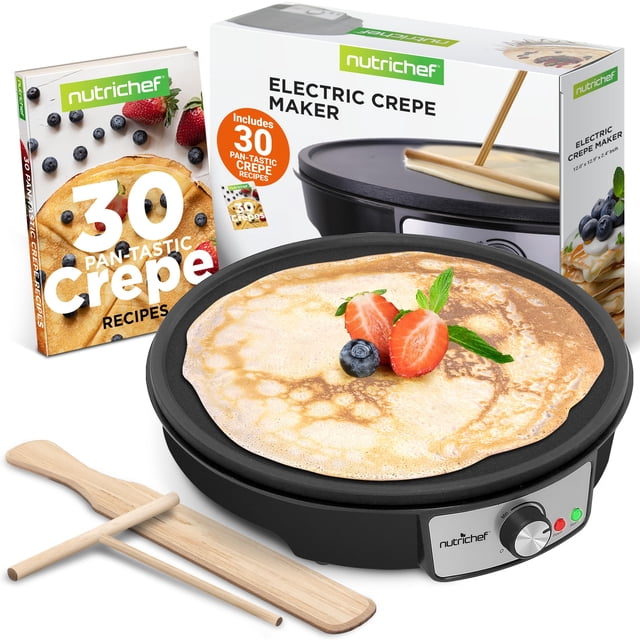 nutrichef Electric Crepe Maker Pan & Griddle, 12 Inch Nonstick Cooktop, LED Indicators & Adjustable Temperature Control, Includes Spatula, Batter Spr