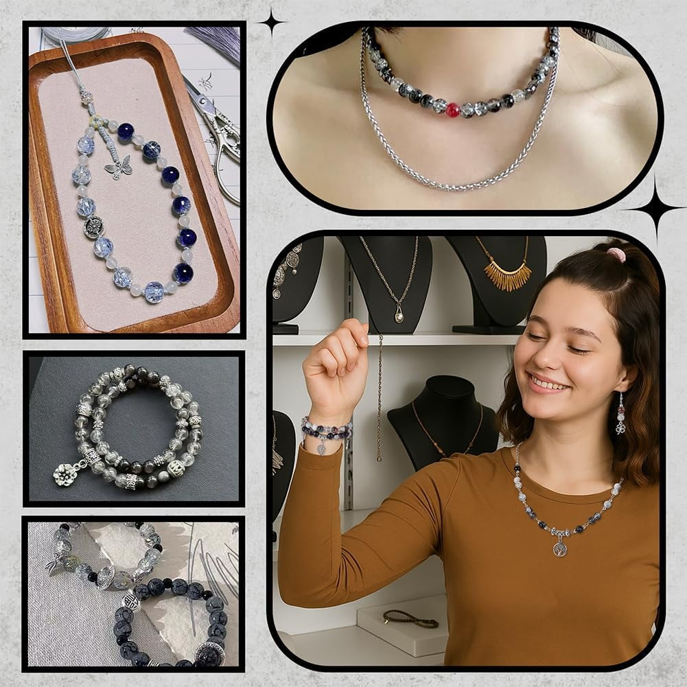 840pcs Bracelet Making Kit Black White Glass Beads Set 8mm Stone Beads Punk Style Spacers Charms Assorted Bead for Bracelet Necklace Jewellery Making DIY Crafts