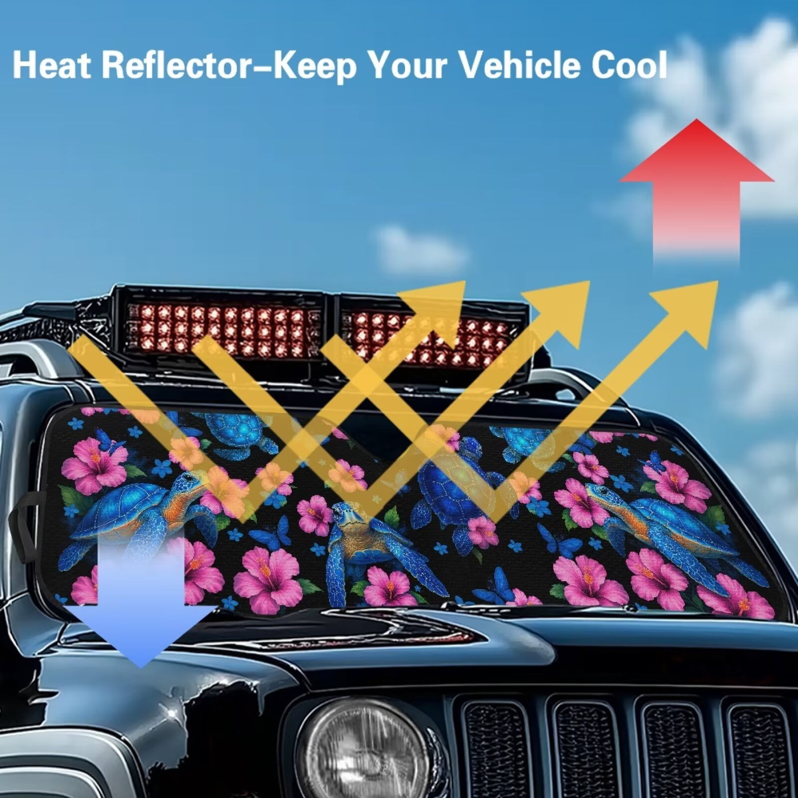 Uorisanigo Windshield Sun Shade, Shade Heat Shield, 52.95 in *16.14 in, Compatible with Jeep Wrangler, Compass, Gladiator & Renegade,UV Blackout Boho Floral Turtle Shades,1Pc