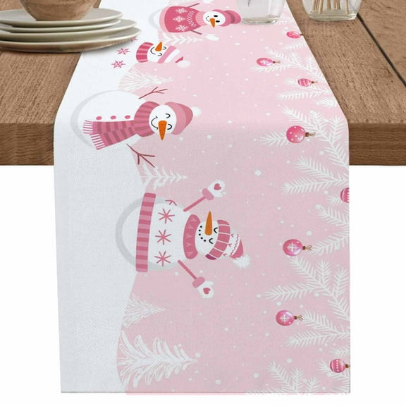nqOlkjepod Pink Snowman Christmas Table Runner 36 Inches Long Farmhouse Dress Scarves, Winter Snowflake Pine Xmas Tree Dining Tablerunner for Coffee Table/Kitchen Island/Party Décor, Small 13" x 36"