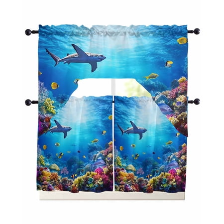 Shark Kitchen Curtains Set for Windows 3 Piece Cafe Curtains 36 Inch Length Swag Curtains Valances and Tier Set Blue Ocean Underwater Animal Coral Tropical Fish Drapes for Bedroom Bathroom