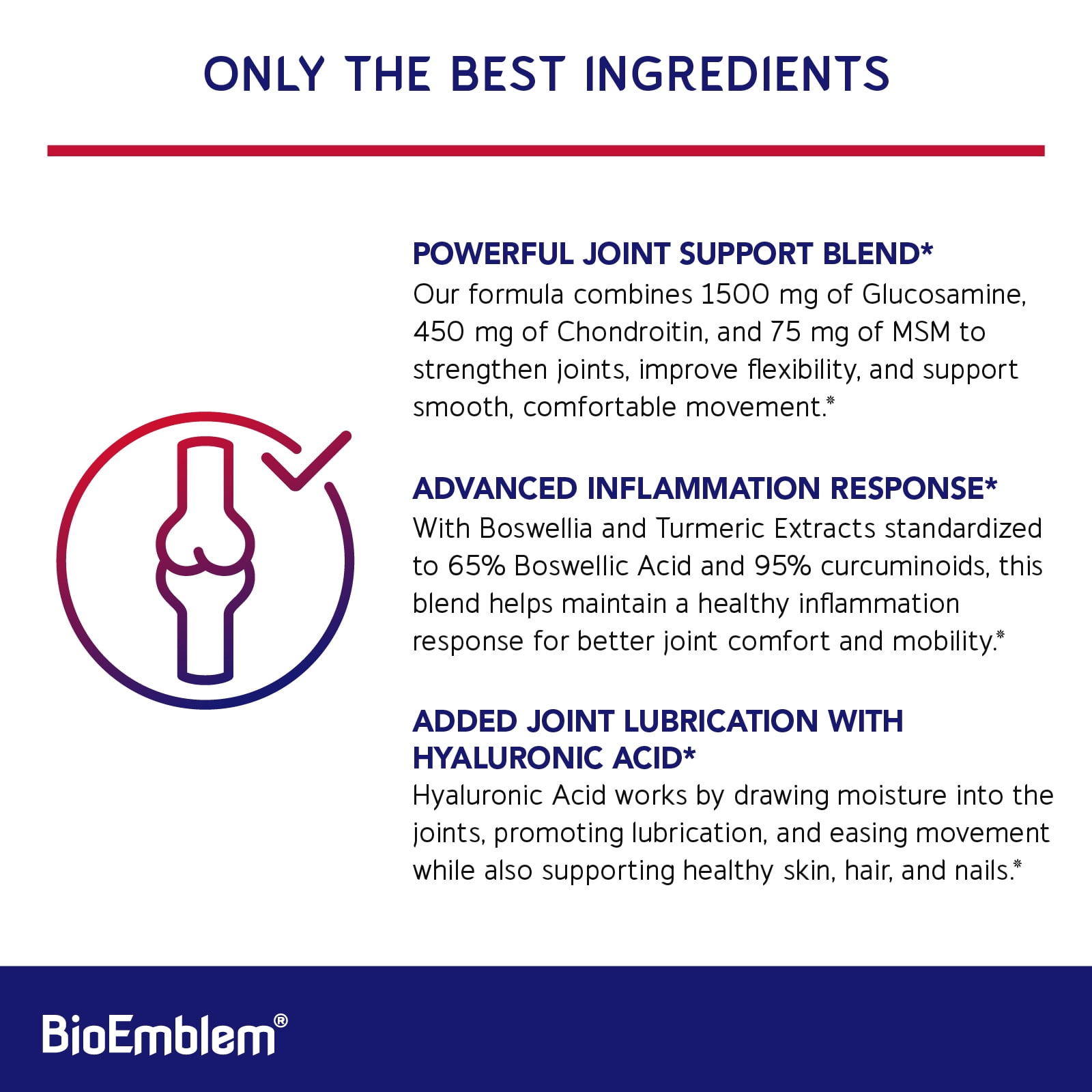 BioEmblem Joint Support - Glucosamine Chondroitin + MSM 1500 MG - With Boswellia, Turmeric & Hyaluronic Acid - Joint Health Supplement, Mobility, Flexibility, Cartilage - Non-GMO - 90 Caps