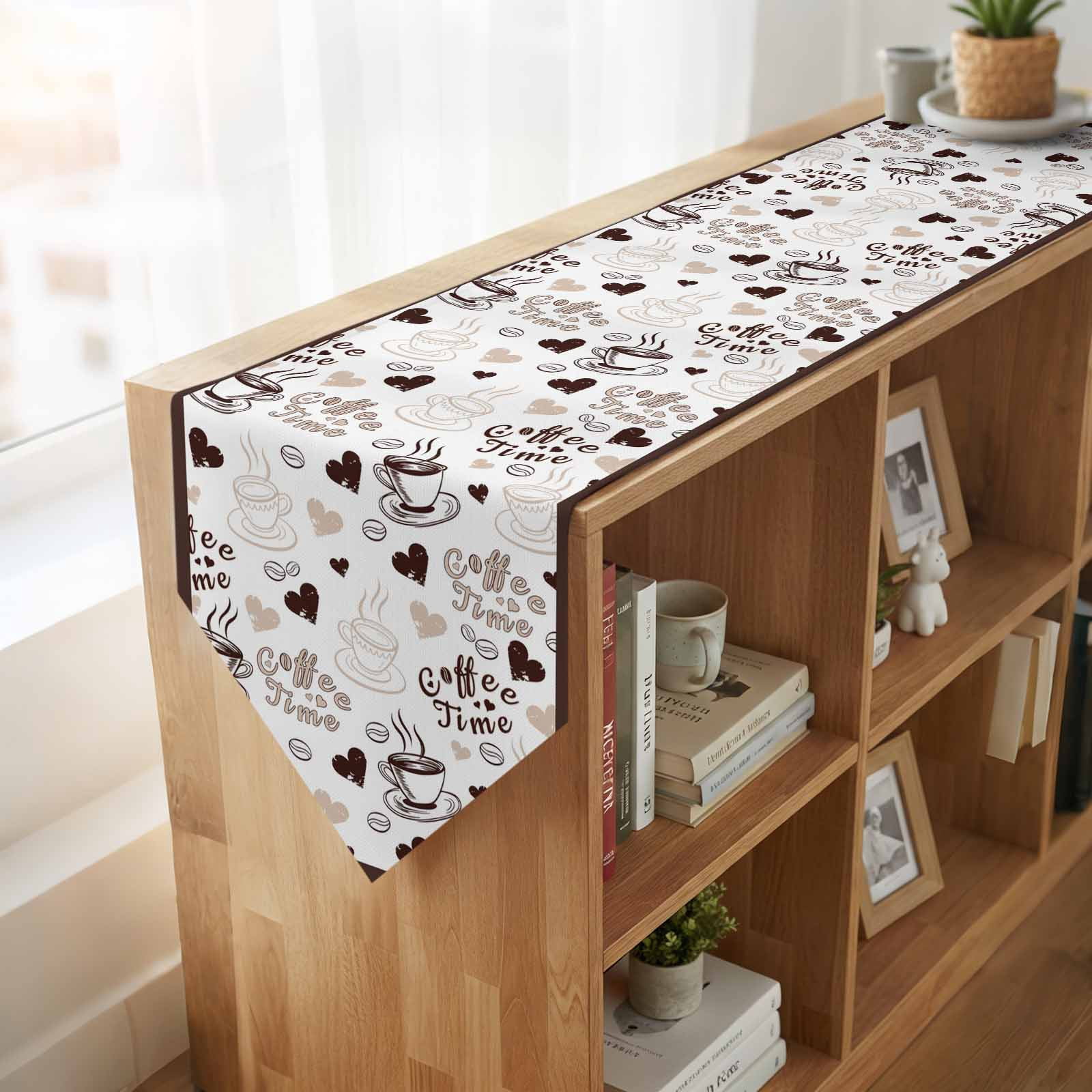 Farmhouse Coffee Cup Table Runner Linen Burlap Table Runner 120 Inches Long Vintage Coffee Beans Love Heart Dresser Scarves for Kitchen Island Coffee Dining Party Wedding Holiday Decor 13"x120"