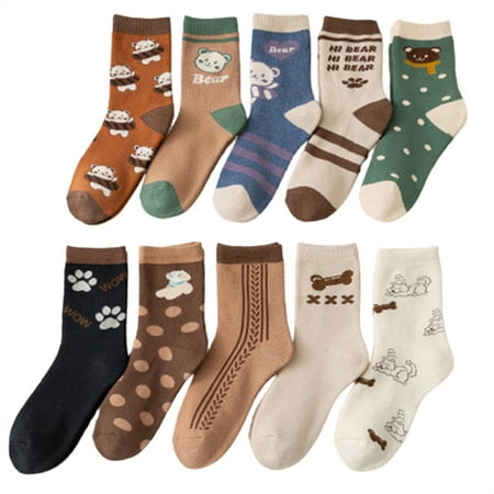 

10 pair Womens Cotton Calf Socks Cute Cartoon Print Stretchable Soft Warm Socks for Winter Autumn