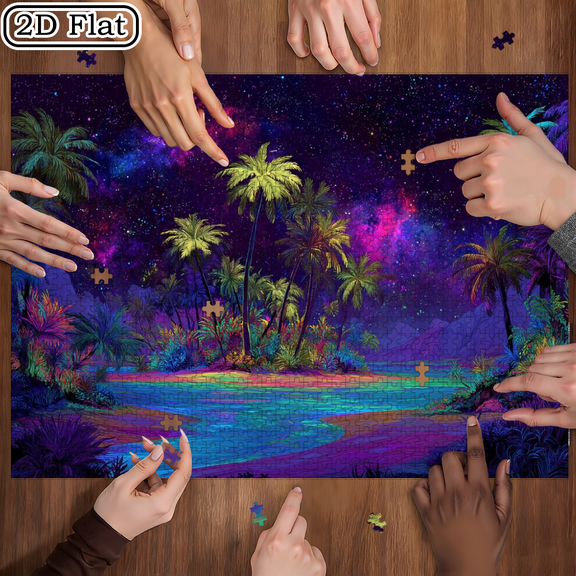 A 1000pcs Mini Puzzle Featuring a Kaleidoscopic Coconut Grove and Starry Sky Design - Scratch-resistant, High Difficulty Level, Ideal, Family Entertainment, DIY Home Decor, Halloween, Christmas,