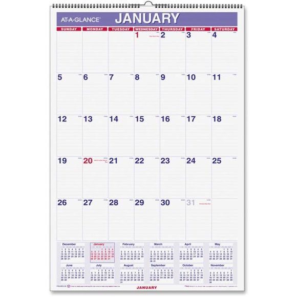 At A Glance 15.5 x 22 in. Laminated Monthly Wall Calendar 2017 - Erasable