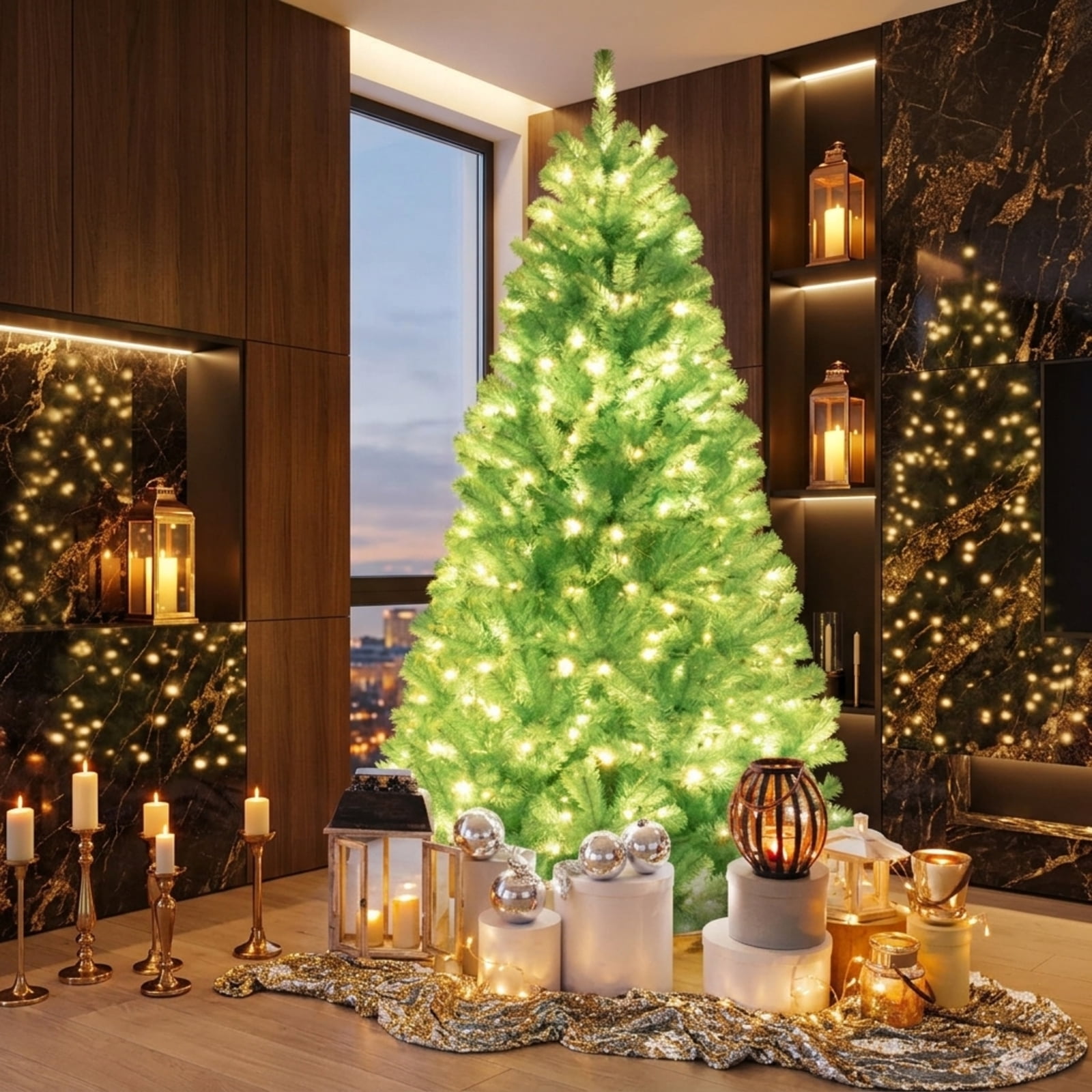 RUIE 7 ft Blue Christmas Tree, Pre-Lit Artificial Xmas Tree with 380 LED Lights, 1040 Branch Tips and Foldable Metal Stand