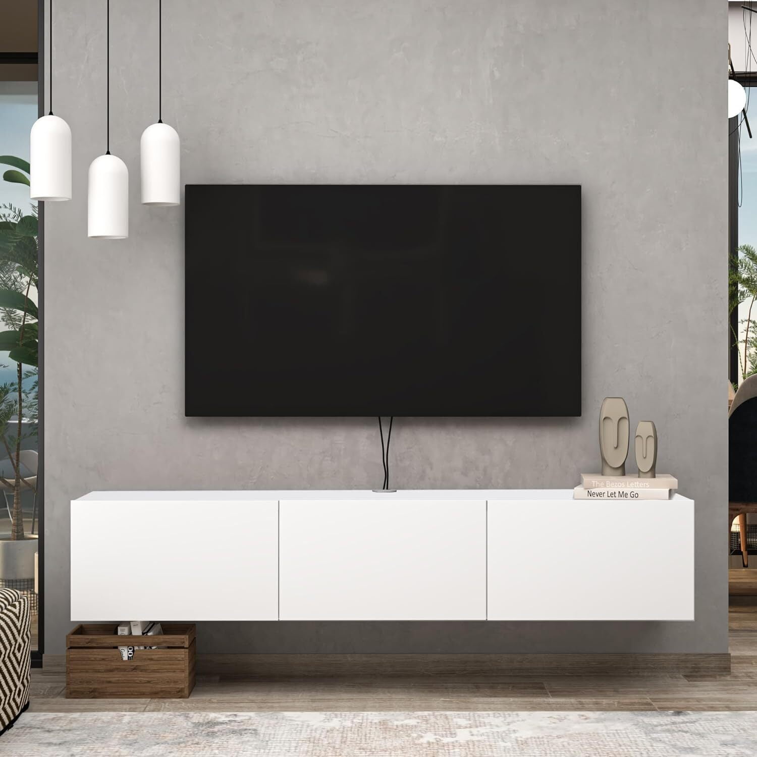 HomeStock Artisanal Abode Floating TV Stand, TV Stand up to 75 inch TV, Floating TV Stand Wall Mounted, Floating Entertainment Center, Floating Shelf for Under TV, Floating TV Console-Color:White