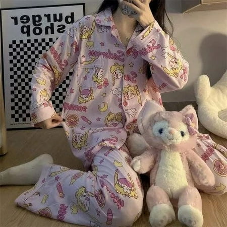 

Sanrio Pajamas Two Piece Set Kawaii Hello Kitty Spring Autumn Cardigan Lapel Pajamas Cute Sweet Cartoon Loose Loungewear Gifts