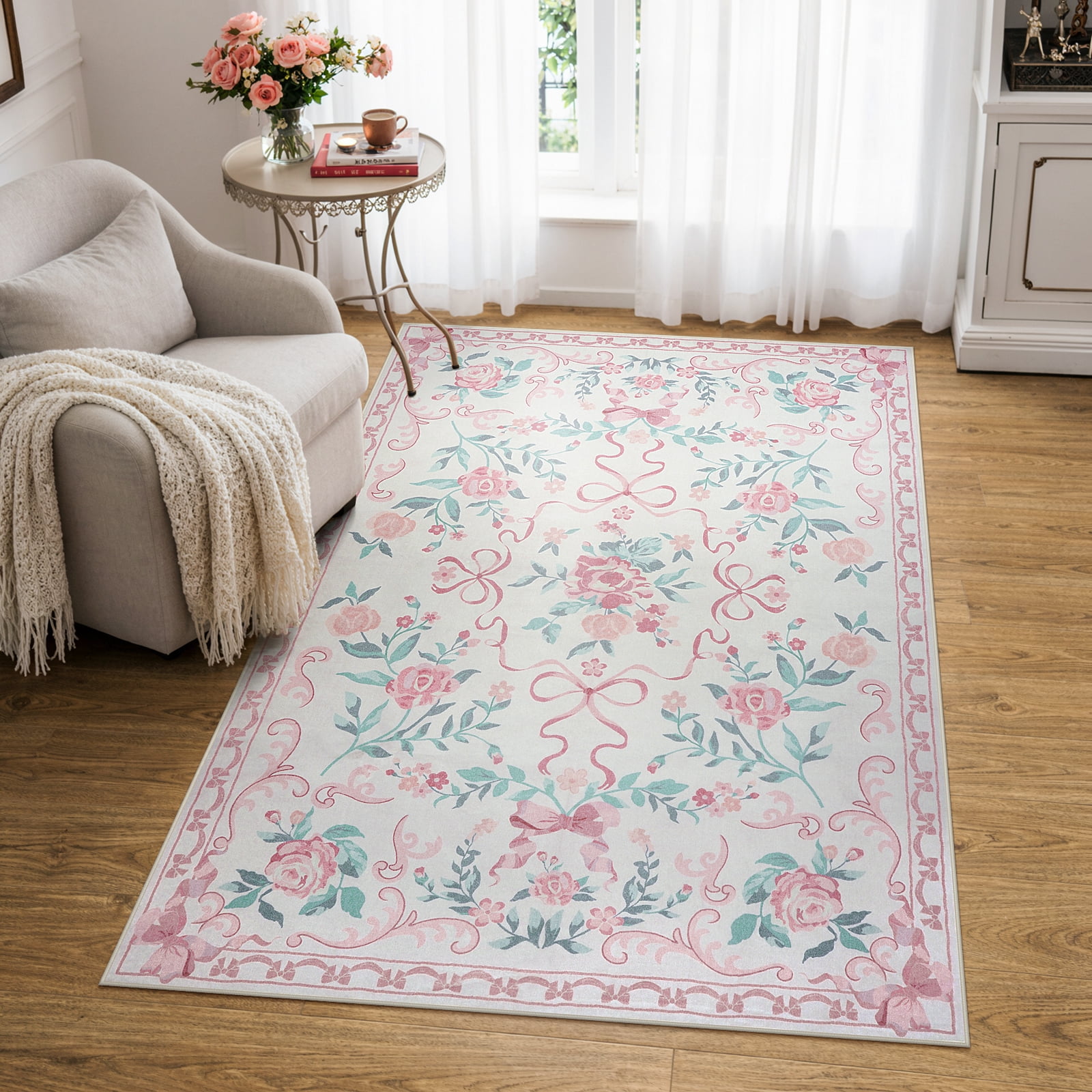 Lahome Washable 3'x5' Floral Bow Area Rug, Pink Rugs for Nursery Living Room, Soft Ultra-Thin Non-Slip Carpet for Girls Bedroom Entryway Playroom, Pink