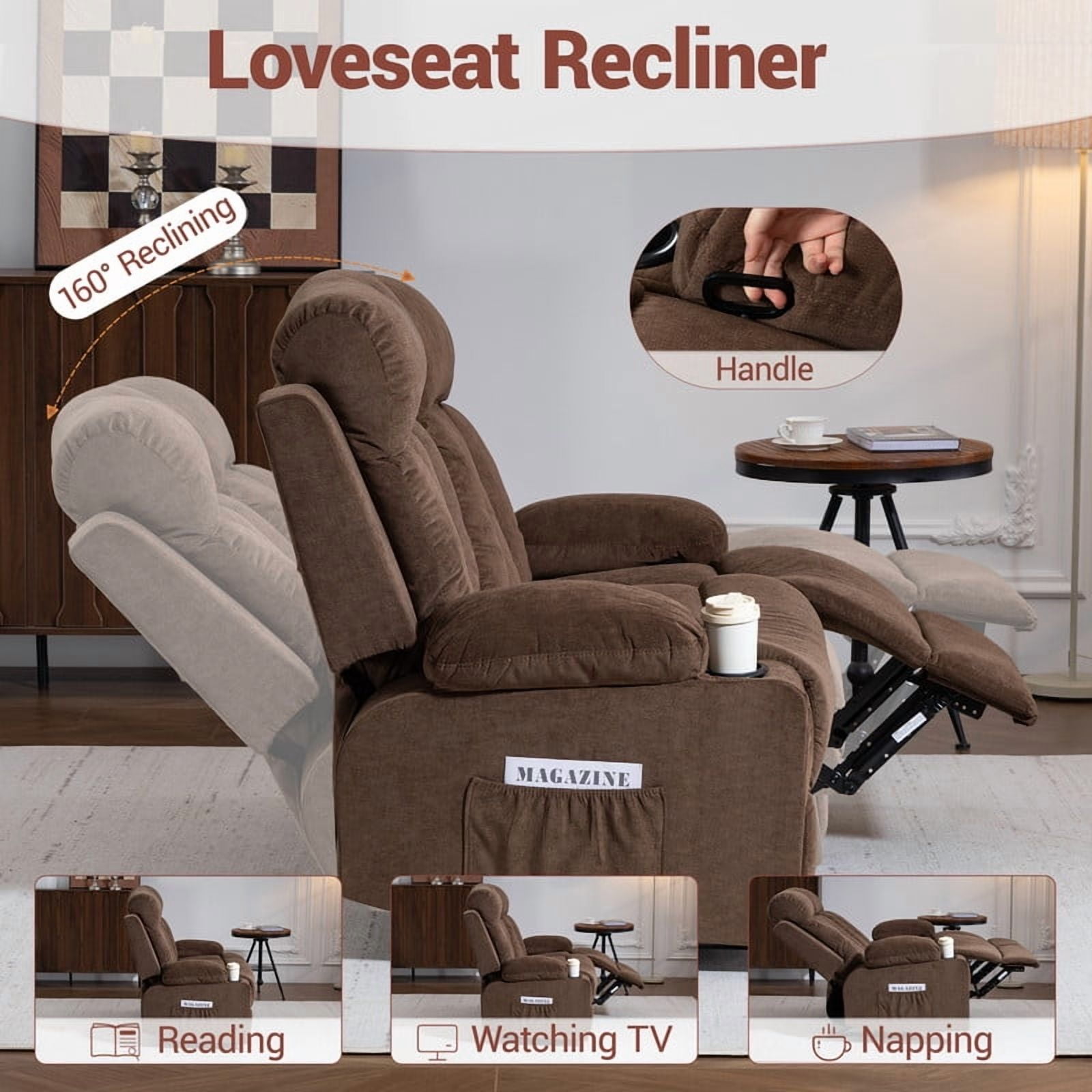 WENTUM Loveseat Recliner Sofa with Cup Holders, 2 Seat Manual Recliner Chair, reclining loveseat couch for Living Room, Home Theater, Small Spaces, Brown