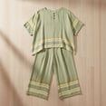 thumbnail image 4 of Uootdi Linen Sets for Women 2 Piece Short Sleeve Oversized Striped Trim Top High Waist Flowy Wide Leg Pants Boho Vacation Matching Outfits, 4 of 5