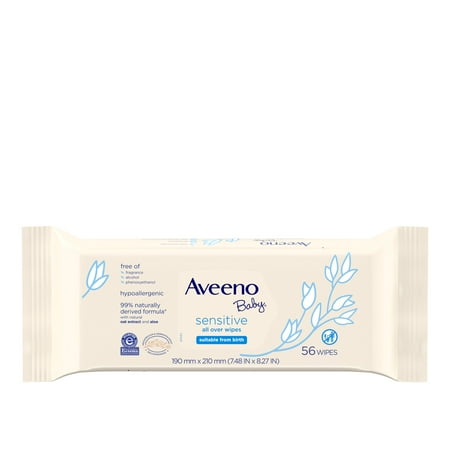 Aveeno Baby Sensitive All Over Wipes with Aloe & Natural Oat Extract for Face, Bottom & Hands, pH-Balanced, Hypoallergenic, Fragrance-, Phthalate-, Alcohol- & Paraben-Free, 3 Pks of 56 ct
