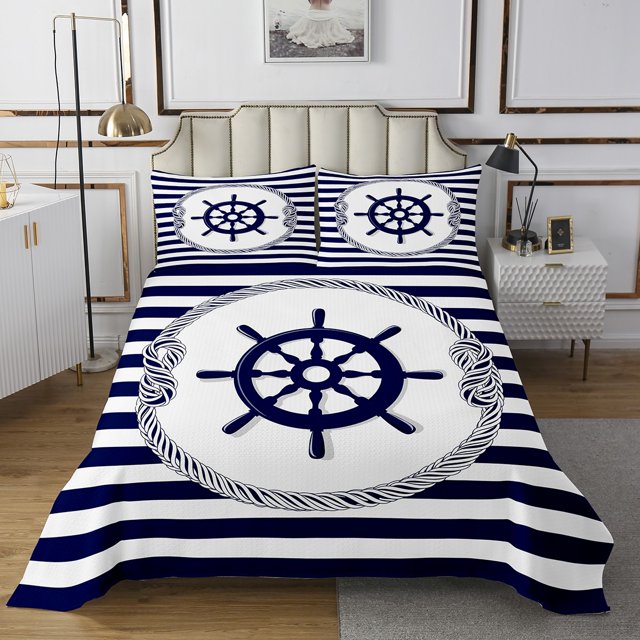 Erosebridal Blue Rudder Coverlet Set King,Stripes Bedding Set,Ocean Bedroom Decor,3-Piece