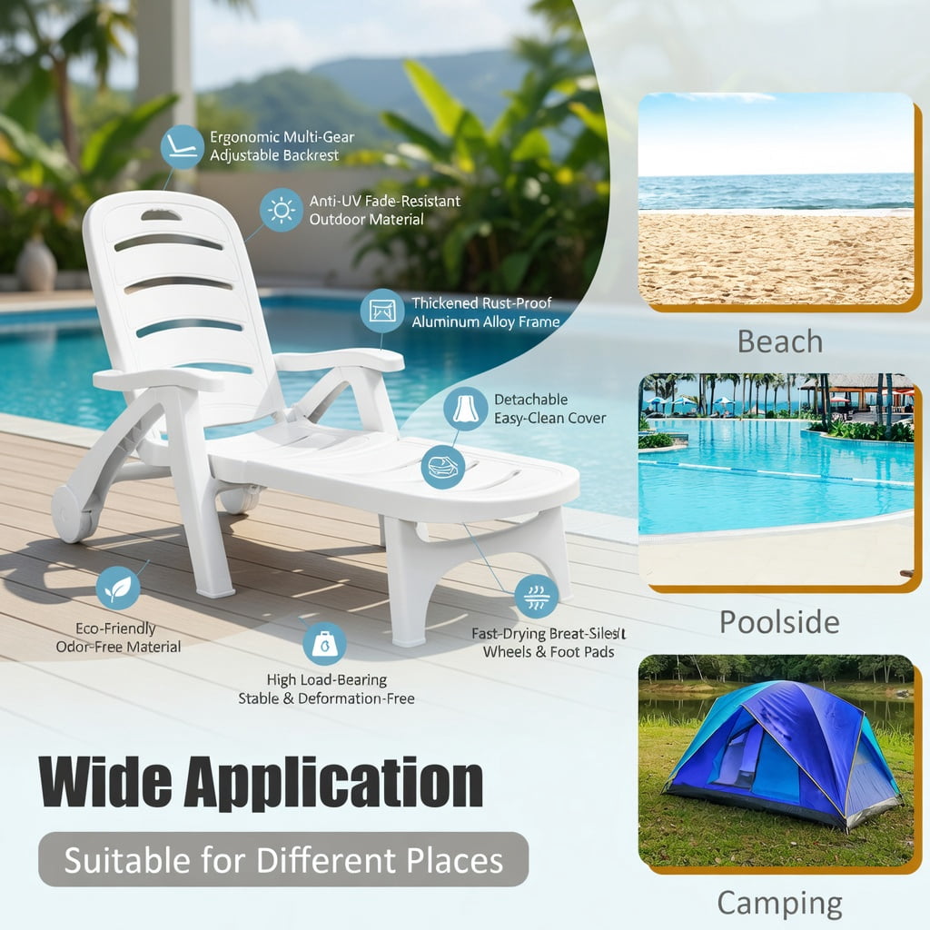 Hommoo 5-Position Adjustable Outdoor Chaise Lounge Chair with Wheels, PP Folding Lounger for Patio, Poolside & Backyard, Gray